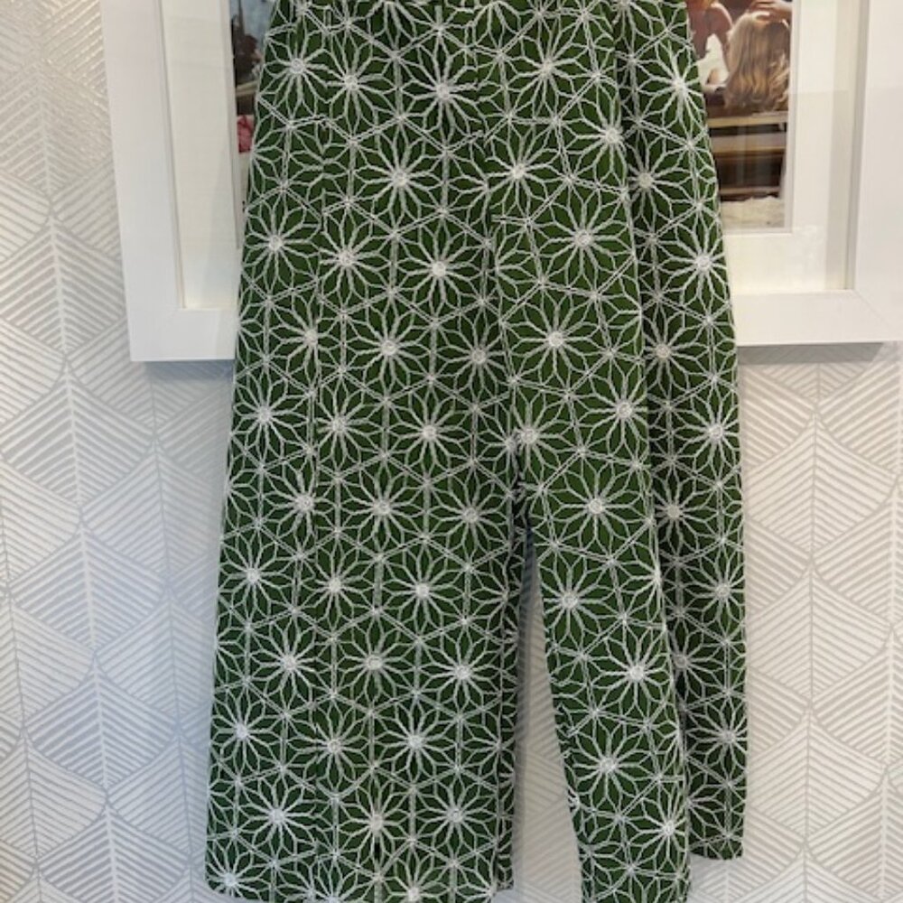 Agua Bendita Green Wide-Leg Pants with White Geometric Floral Embroidery - Picture 5 of 7